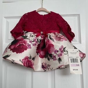 Rare Edition 6-9months Red Wine and Floral Glitter Lace Baby Dress  2pc set